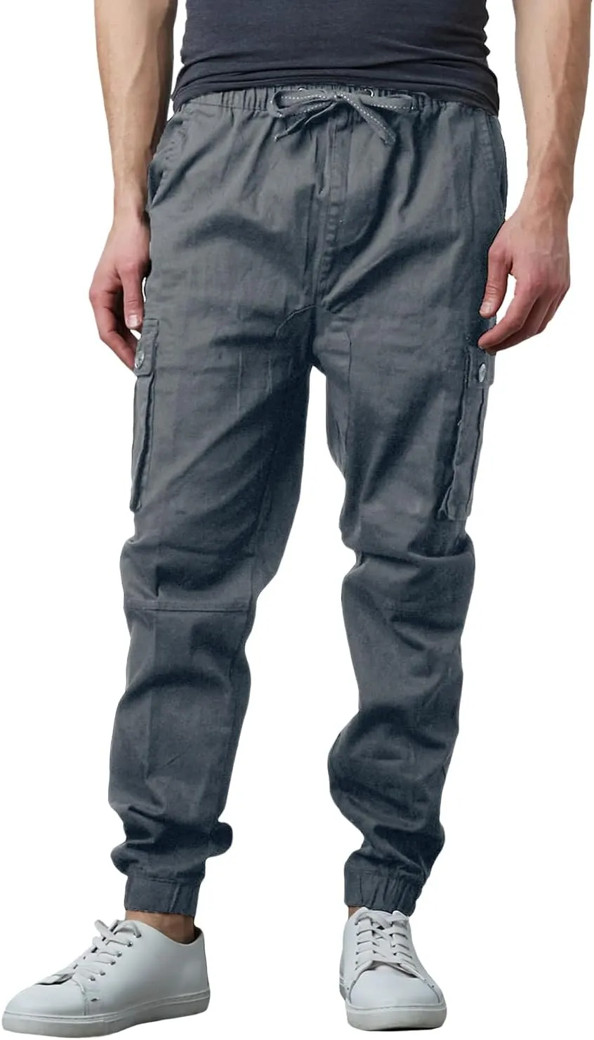 Men's Cotton Twill Cargo Joggers, Multi Pocket, Drawstring Joggers Stretch Pant for Casual, Lounging and Outdoor