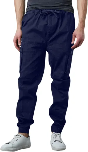 Men's Cotton Twill Cargo Joggers, Multi Pocket, Drawstring Joggers Stretch Pant for Casual, Lounging and Outdoor
