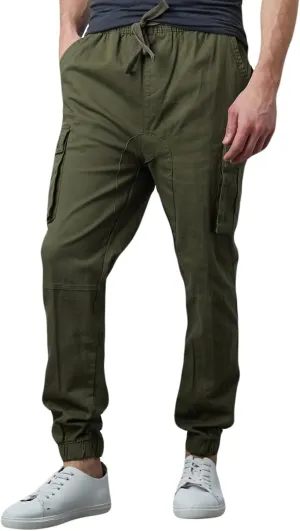 Men's Cotton Twill Cargo Joggers, Multi Pocket, Drawstring Joggers Stretch Pant for Casual, Lounging and Outdoor