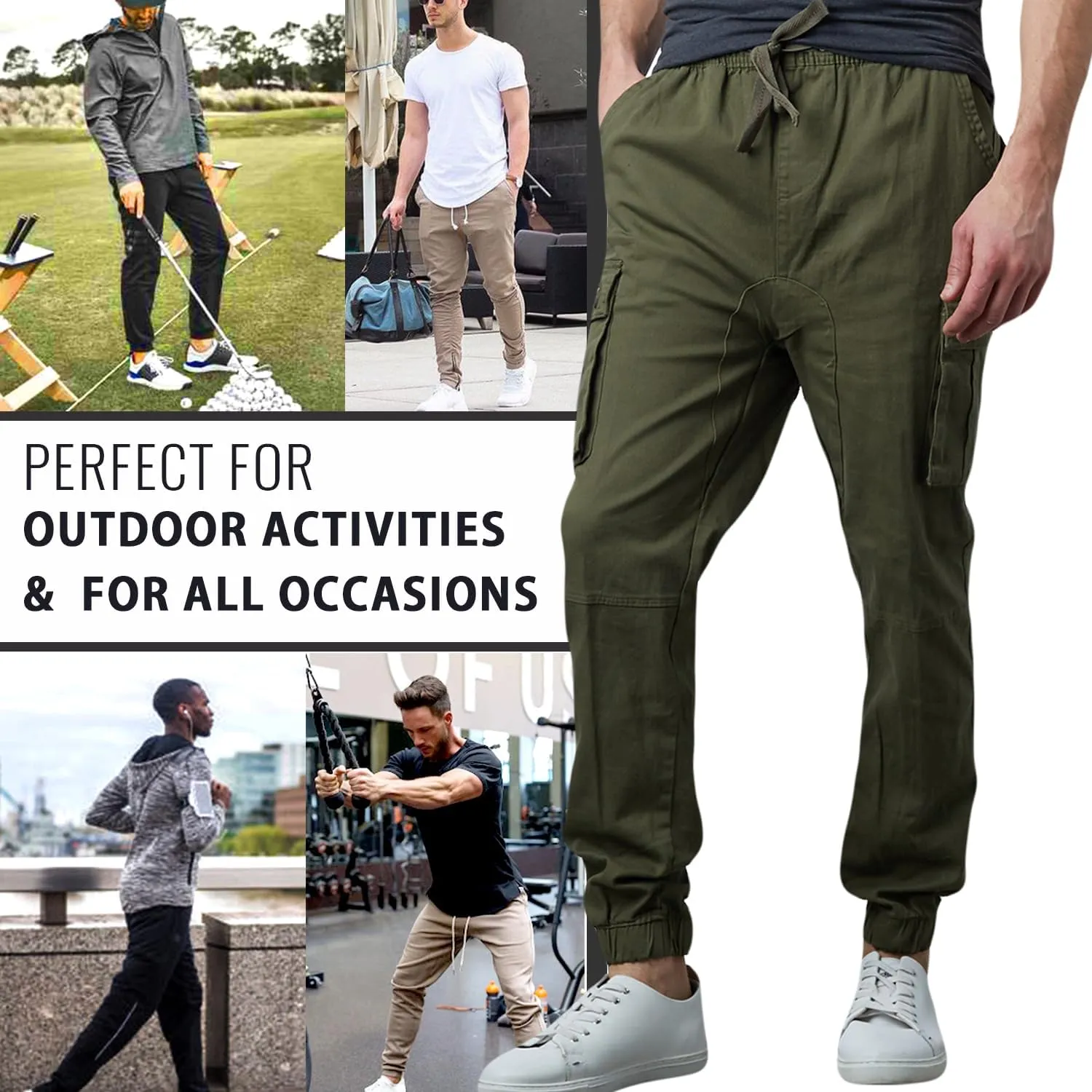 Men's Cotton Twill Cargo Joggers, Multi Pocket, Drawstring Joggers Stretch Pant for Casual, Lounging and Outdoor