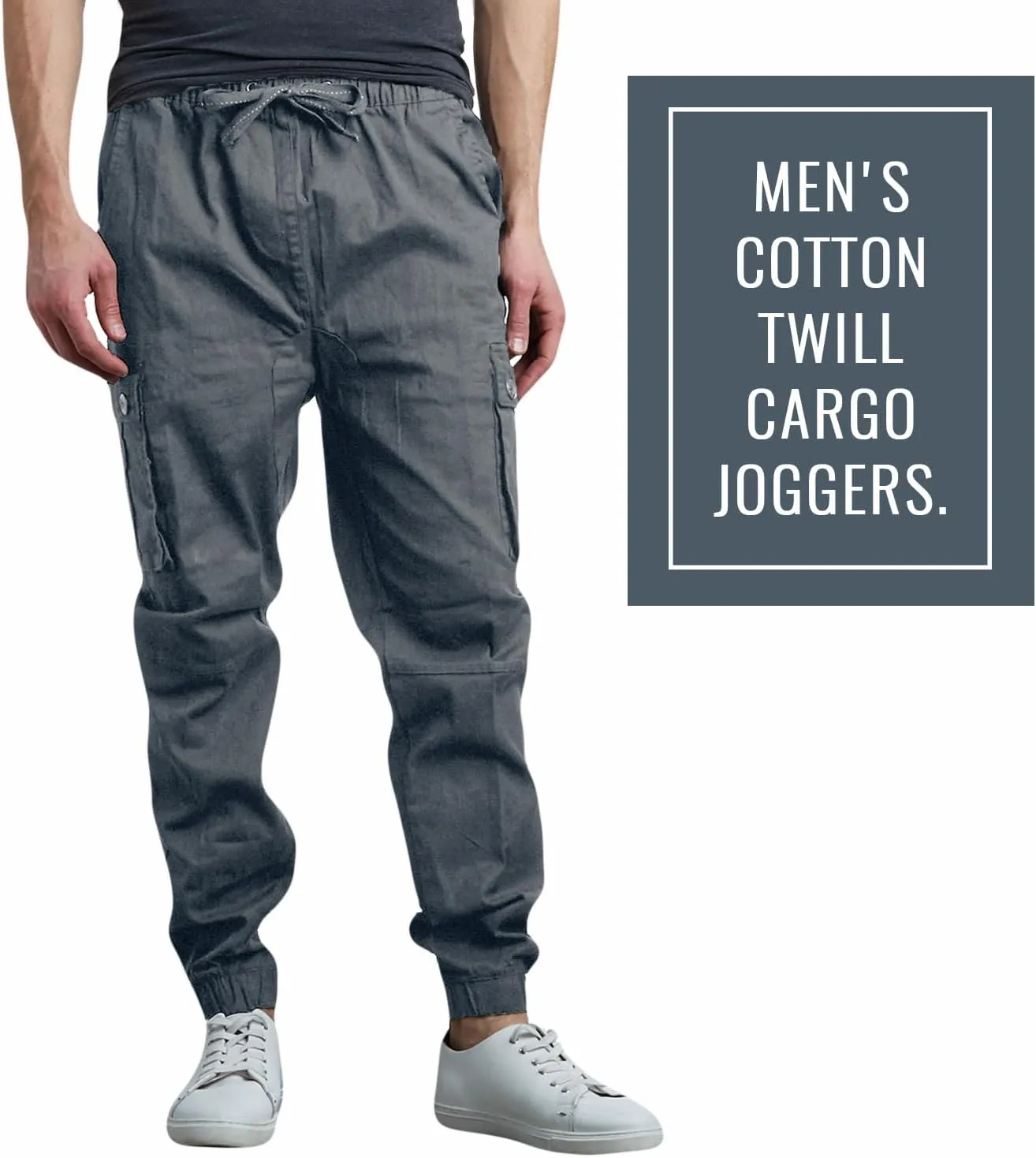 Men's Cotton Twill Cargo Joggers, Multi Pocket, Drawstring Joggers Stretch Pant for Casual, Lounging and Outdoor