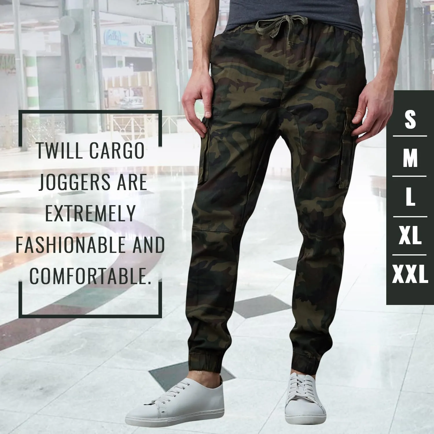 Men's Cotton Twill Cargo Joggers, Multi Pocket, Drawstring Joggers Stretch Pant for Casual, Lounging and Outdoor