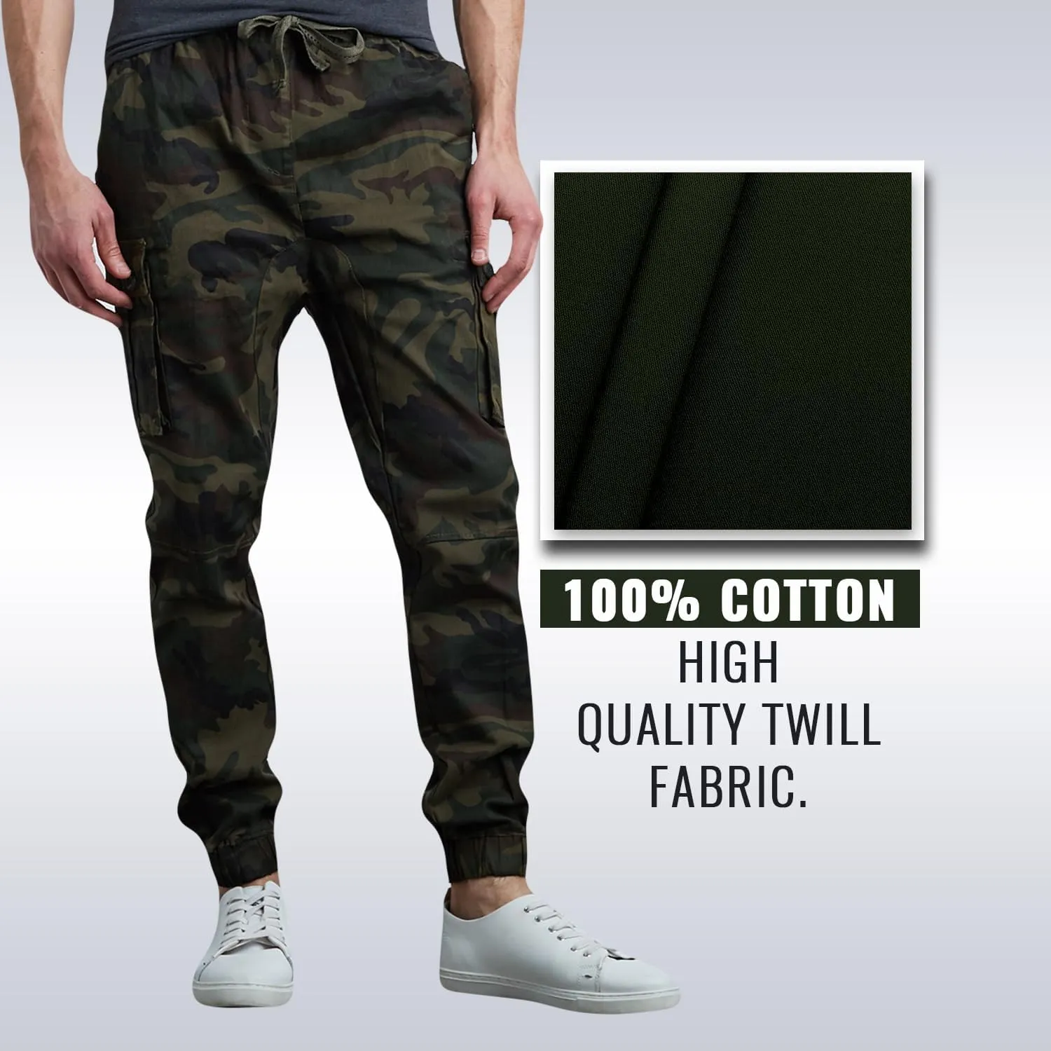 Men's Cotton Twill Cargo Joggers, Multi Pocket, Drawstring Joggers Stretch Pant for Casual, Lounging and Outdoor
