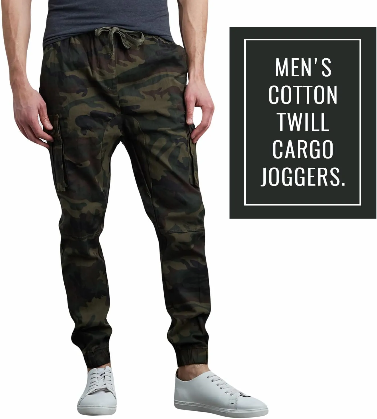Men's Cotton Twill Cargo Joggers, Multi Pocket, Drawstring Joggers Stretch Pant for Casual, Lounging and Outdoor
