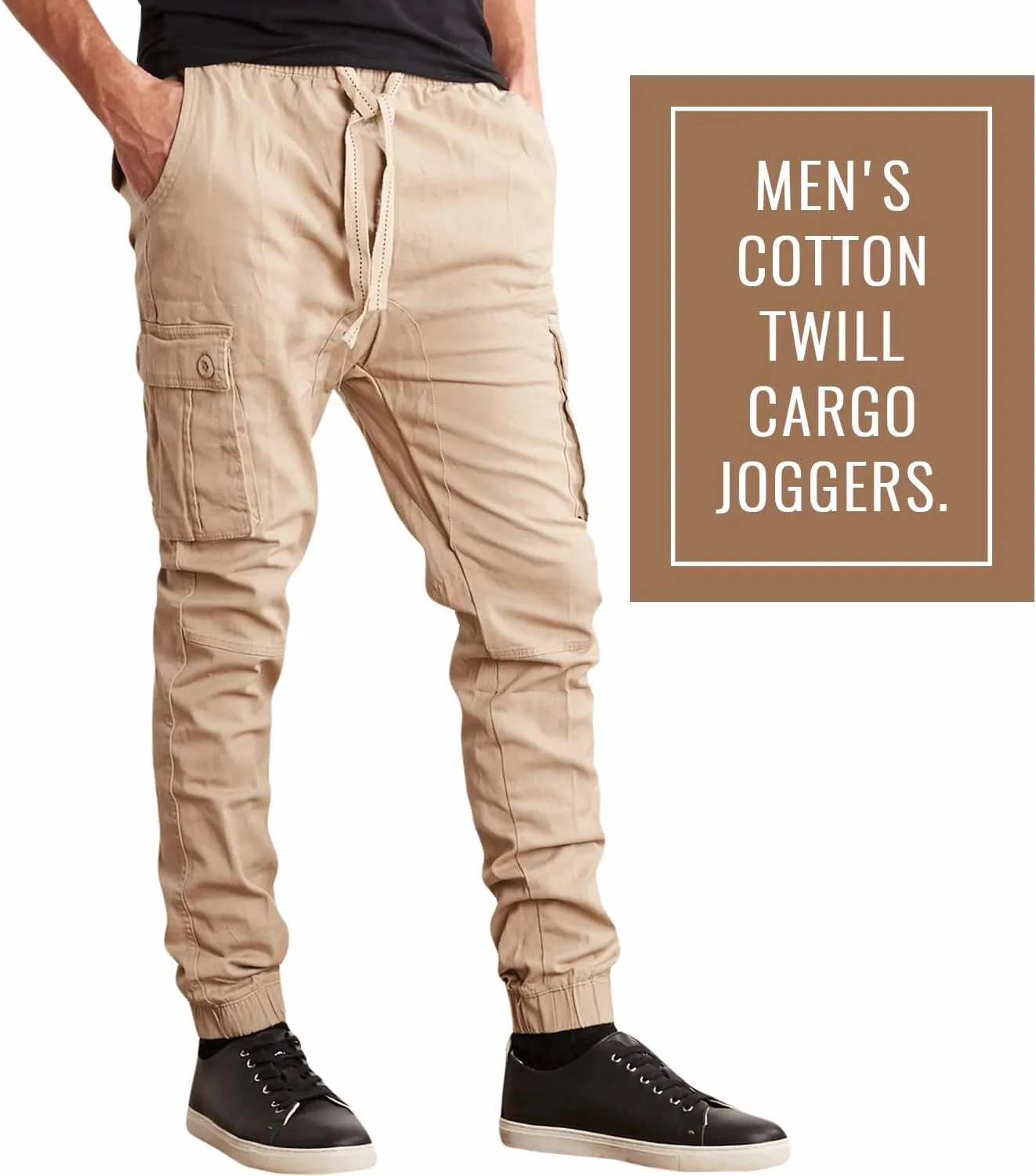 Men's Cotton Twill Cargo Joggers, Multi Pocket, Drawstring Joggers Stretch Pant for Casual, Lounging and Outdoor