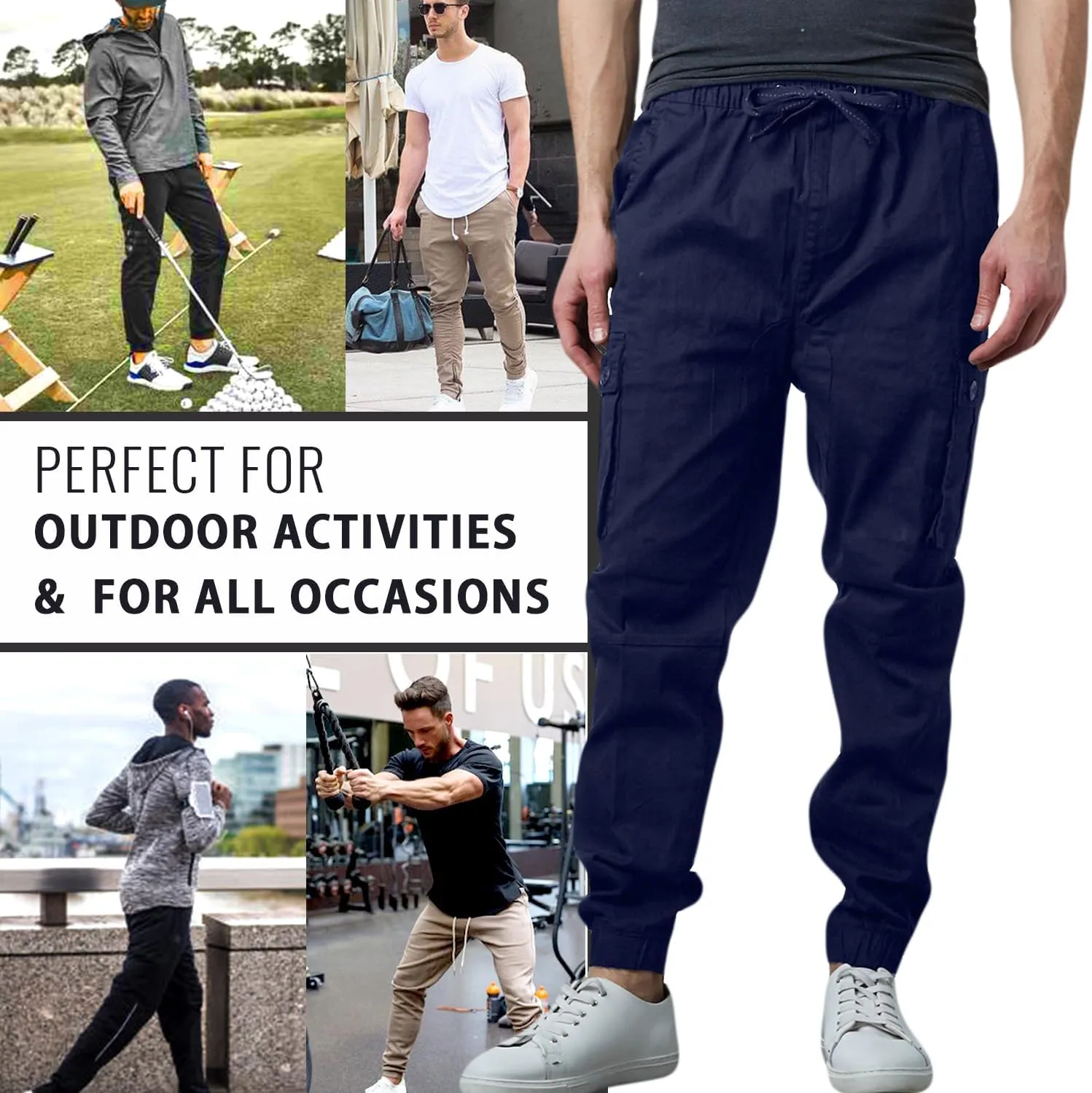 Men's Cotton Twill Cargo Joggers, Multi Pocket, Drawstring Joggers Stretch Pant for Casual, Lounging and Outdoor