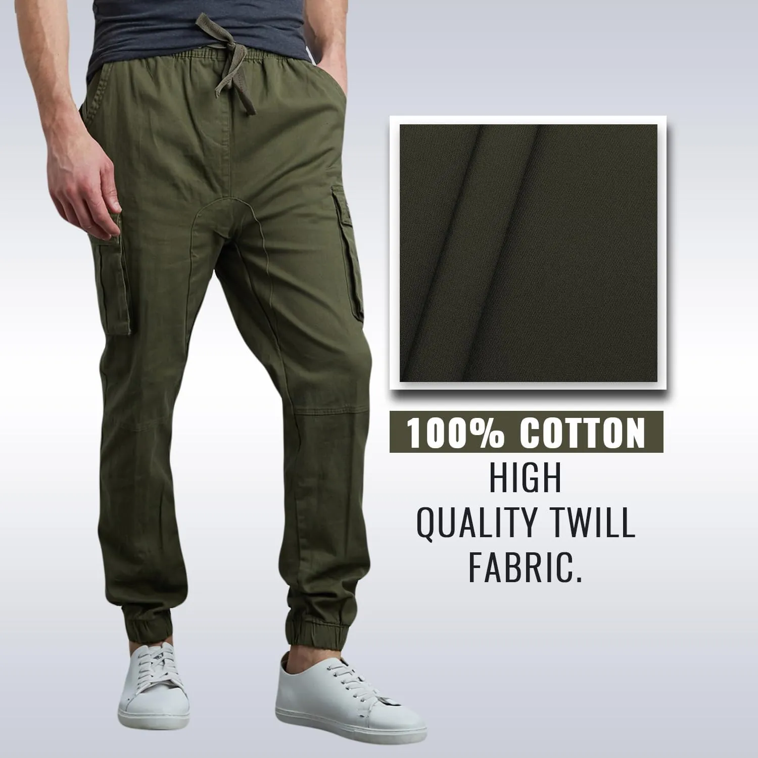 Men's Cotton Twill Cargo Joggers, Multi Pocket, Drawstring Joggers Stretch Pant for Casual, Lounging and Outdoor