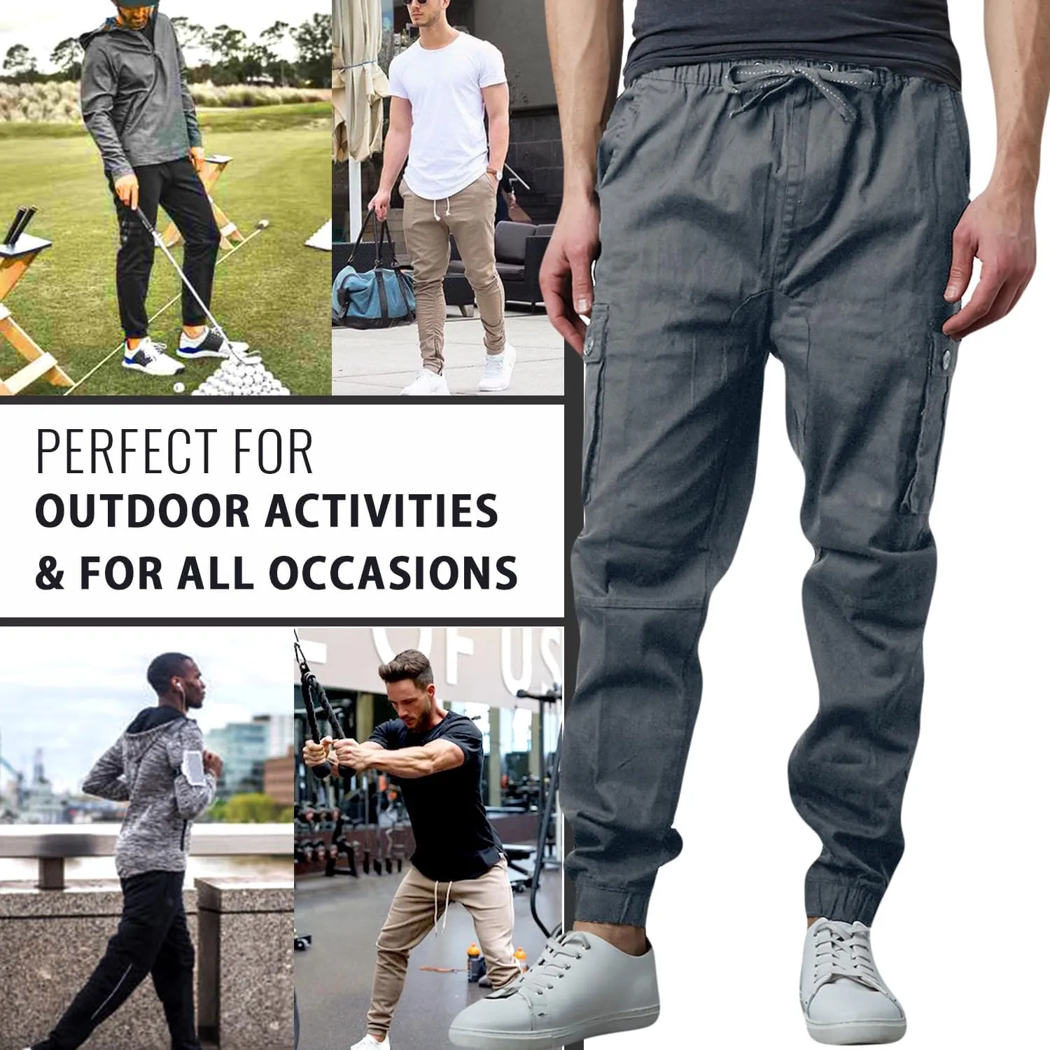 Men's Cotton Twill Cargo Joggers, Multi Pocket, Drawstring Joggers Stretch Pant for Casual, Lounging and Outdoor