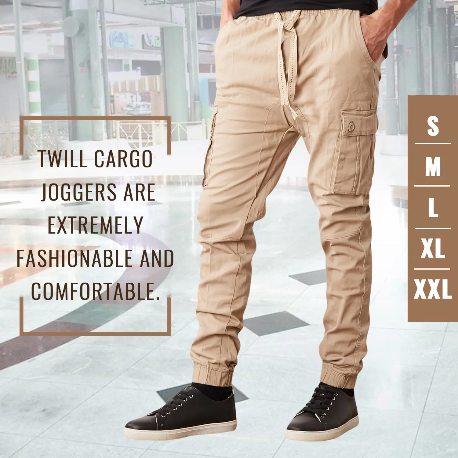 Men's Cotton Twill Cargo Joggers, Multi Pocket, Drawstring Joggers Stretch Pant for Casual, Lounging and Outdoor