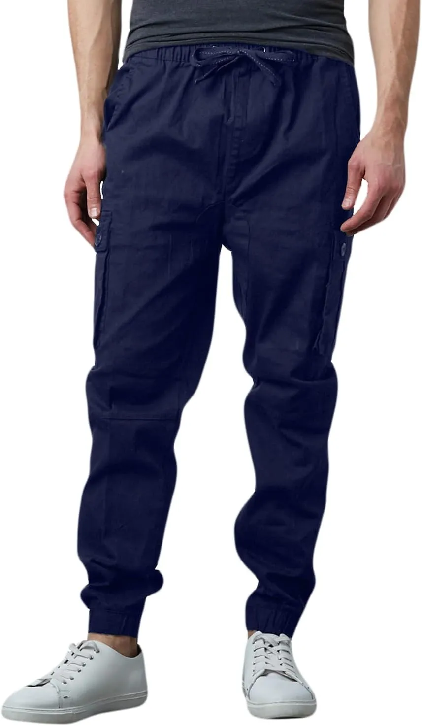 Men's Cotton Twill Cargo Joggers, Multi Pocket, Drawstring Joggers Stretch Pant for Casual, Lounging and Outdoor