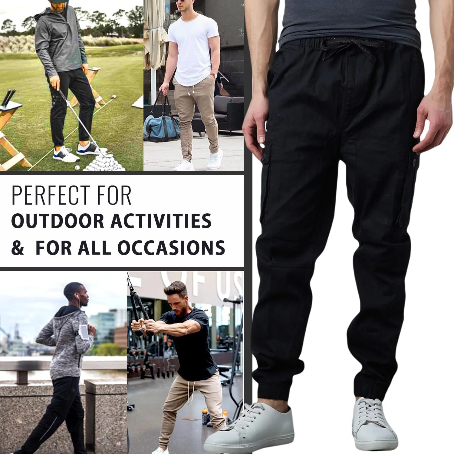 Men's Cotton Twill Cargo Joggers, Multi Pocket, Drawstring Joggers Stretch Pant for Casual, Lounging and Outdoor