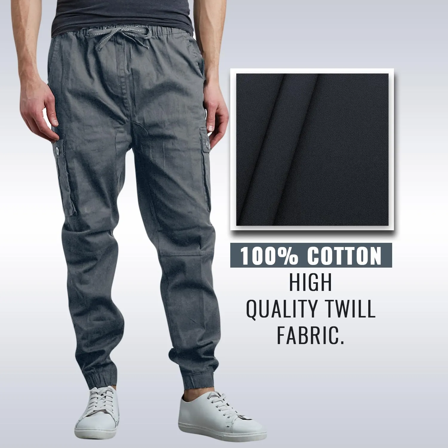 Men's Cotton Twill Cargo Joggers, Multi Pocket, Drawstring Joggers Stretch Pant for Casual, Lounging and Outdoor