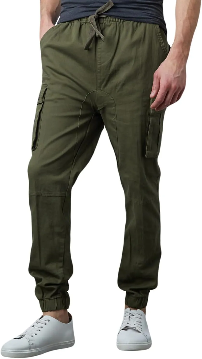 Men's Cotton Twill Cargo Joggers, Multi Pocket, Drawstring Joggers Stretch Pant for Casual, Lounging and Outdoor