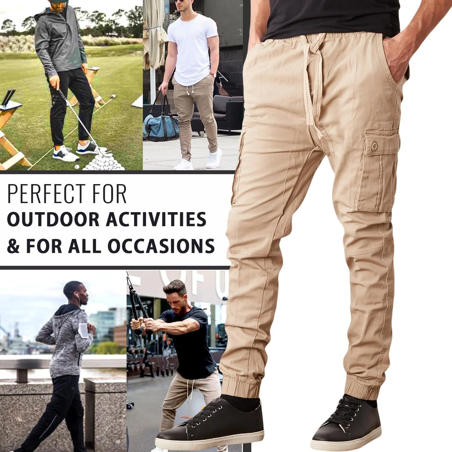 Men's Cotton Twill Cargo Joggers, Multi Pocket, Drawstring Joggers Stretch Pant for Casual, Lounging and Outdoor