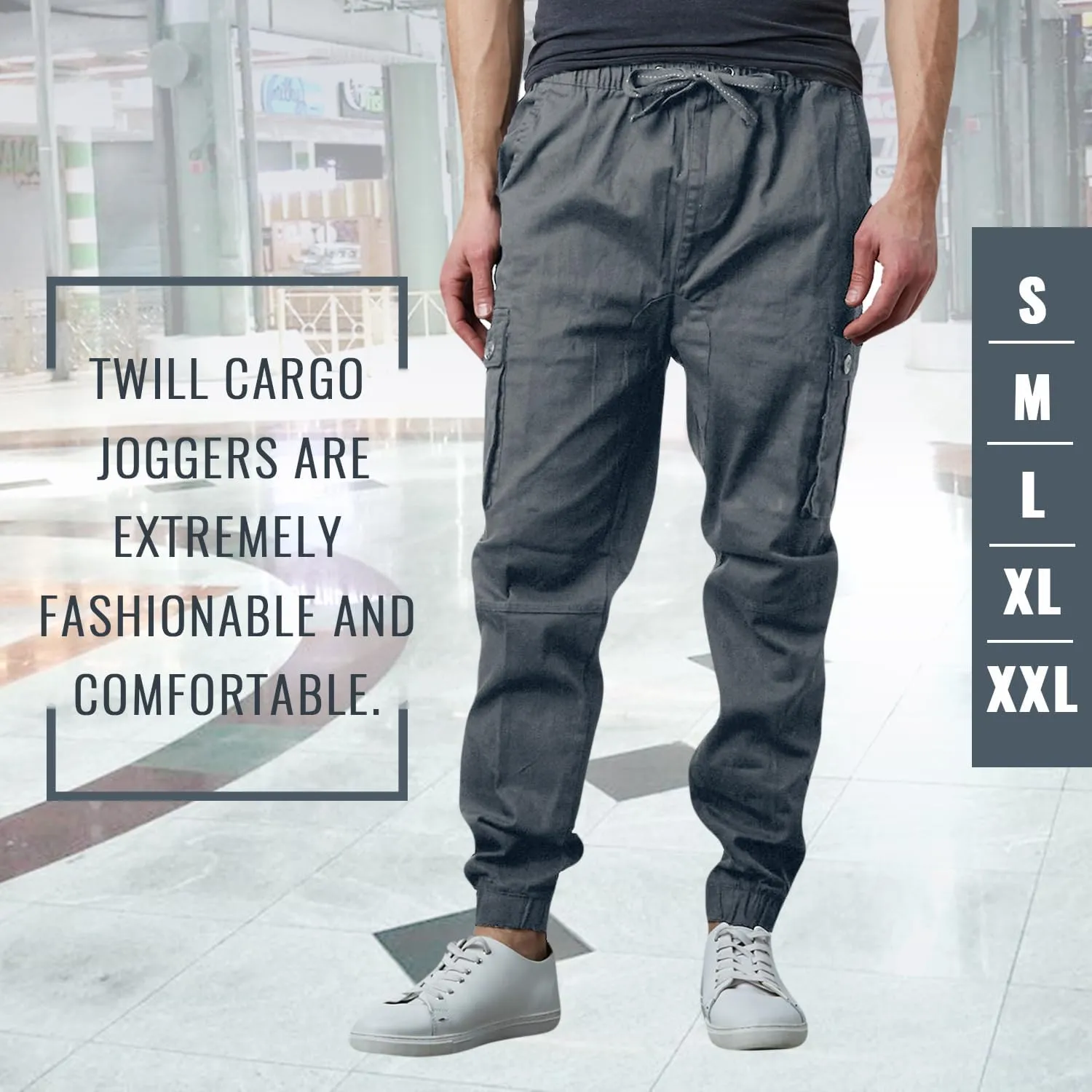 Men's Cotton Twill Cargo Joggers, Multi Pocket, Drawstring Joggers Stretch Pant for Casual, Lounging and Outdoor