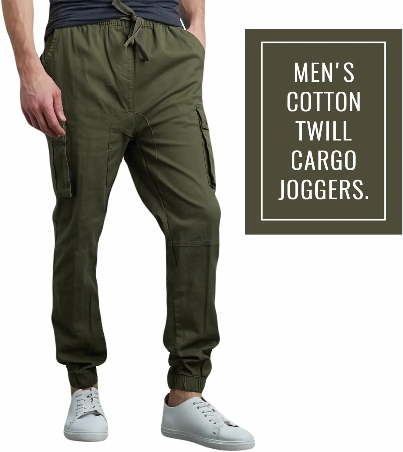 Men's Cotton Twill Cargo Joggers, Multi Pocket, Drawstring Joggers Stretch Pant for Casual, Lounging and Outdoor