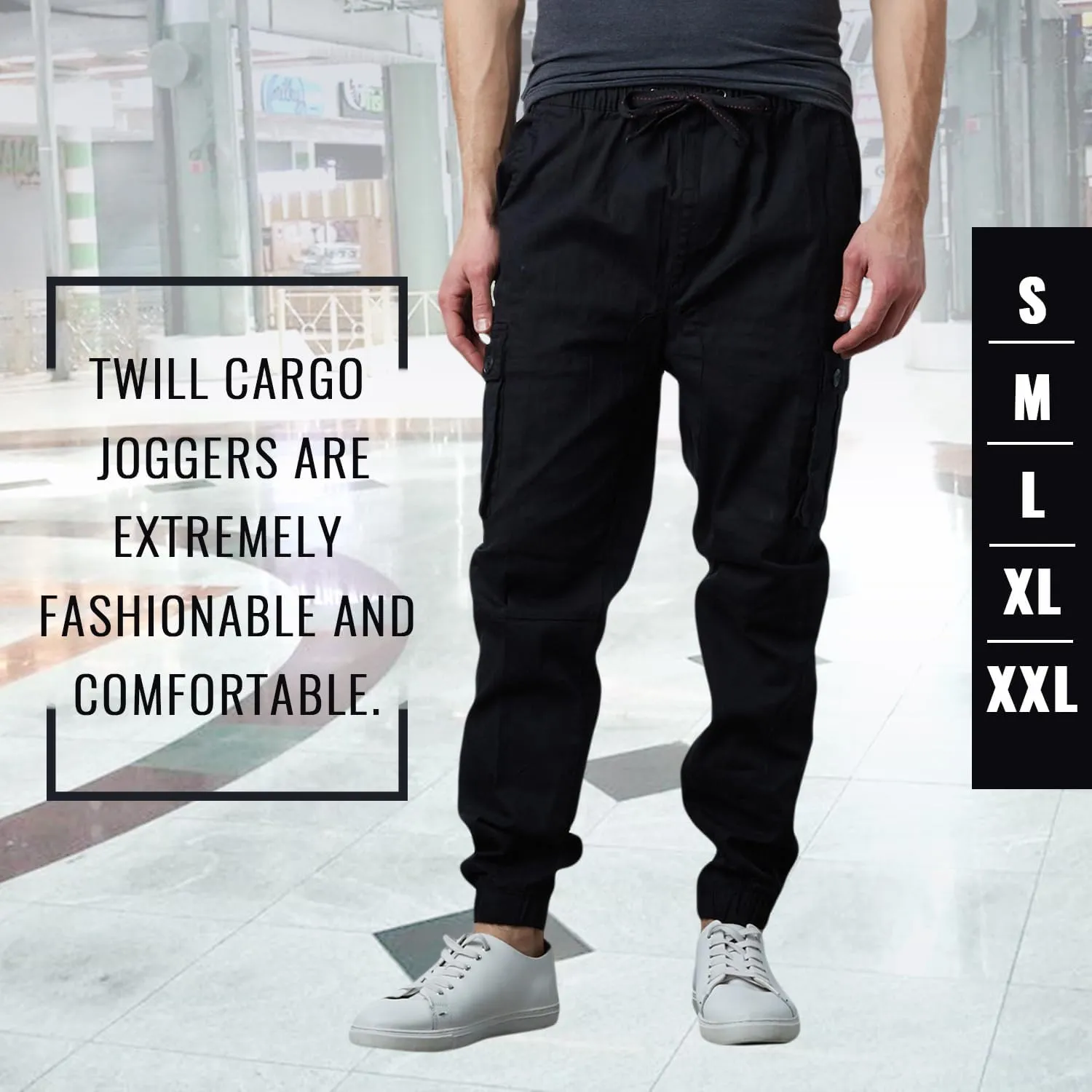 Men's Cotton Twill Cargo Joggers, Multi Pocket, Drawstring Joggers Stretch Pant for Casual, Lounging and Outdoor