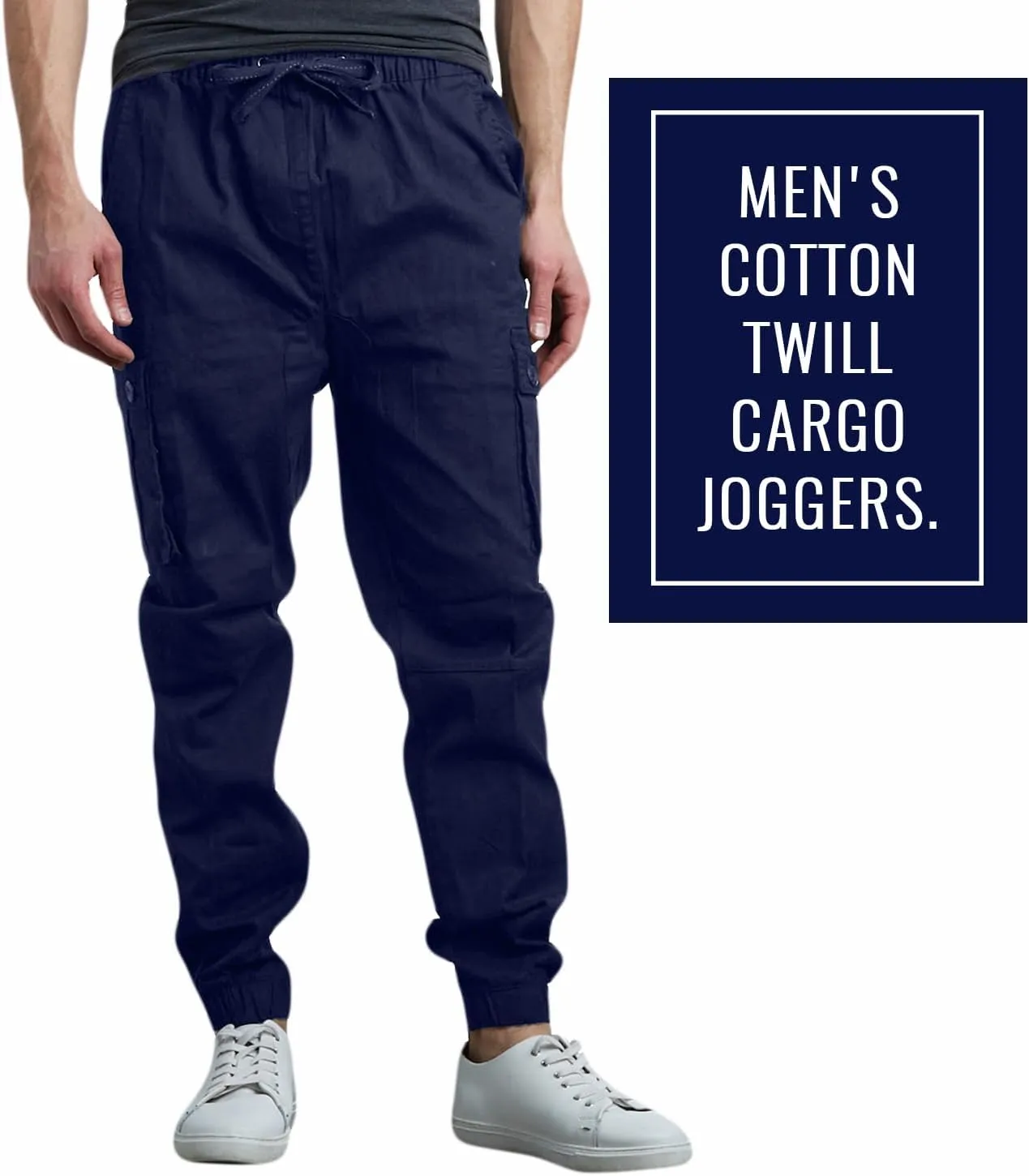 Men's Cotton Twill Cargo Joggers, Multi Pocket, Drawstring Joggers Stretch Pant for Casual, Lounging and Outdoor