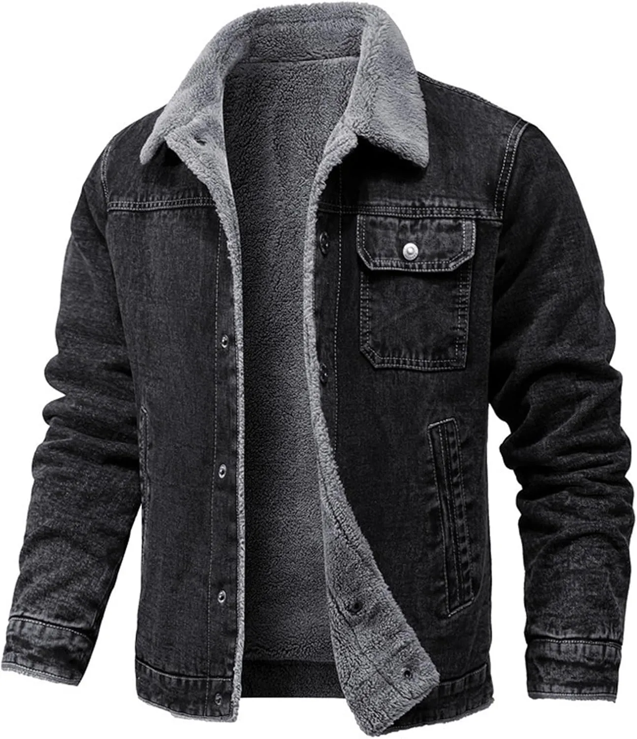 Mens Distressed Jean JacketSherpa Lined Button Down Denim Jacket Big and Tall Trucker Jacket Washed Denim Jean Jacket
