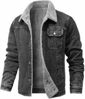 Mens Distressed Jean JacketSherpa Lined Button Down Denim Jacket Big and Tall Trucker Jacket Washed Denim Jean Jacket