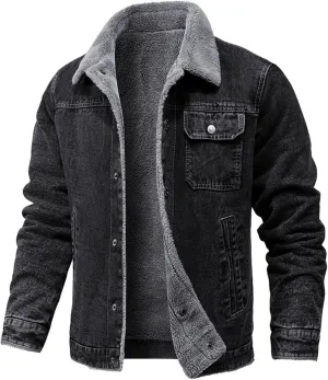 Mens Distressed Jean JacketSherpa Lined Button Down Denim Jacket Big and Tall Trucker Jacket Washed Denim Jean Jacket