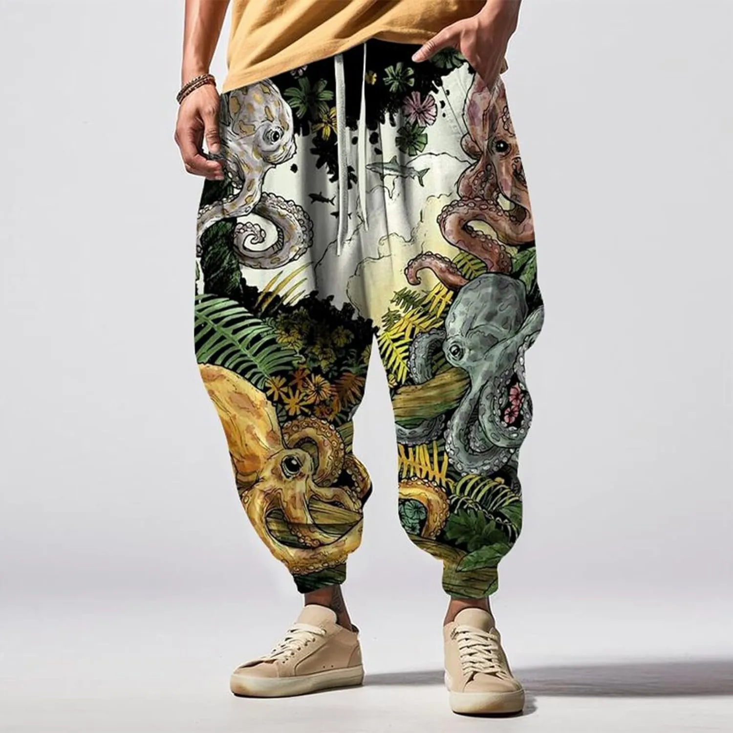 Men's Drawstring Hippie Harem Pants Men's Autumn Fun Print Fashion Street Feel Casual Cotton Drawstring Cargo Pants