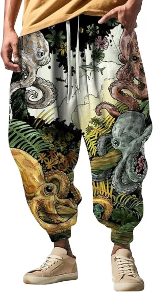 Men's Drawstring Hippie Harem Pants Men's Autumn Fun Print Fashion Street Feel Casual Cotton Drawstring Cargo Pants