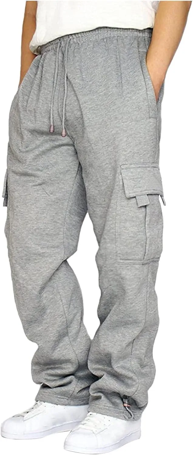 Mens Drawstring Multi-Pocket Straight Cargo Pants Casual Tactical Pants Outdoor Hiking Pants Plus Size