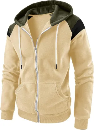 Mens Full Zip Rib Hoodie Zippered Color Block Hooded Drawstring Slim Fit Long Sleeve Lightweight Sweatshirts