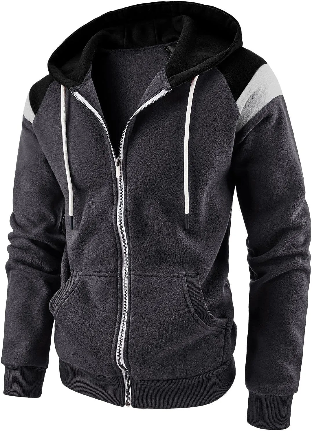 Mens Full Zip Rib Hoodie Zippered Color Block Hooded Drawstring Slim Fit Long Sleeve Lightweight Sweatshirts