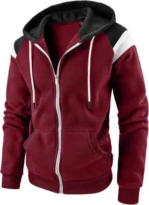 Mens Full Zip Rib Hoodie Zippered Color Block Hooded Drawstring Slim Fit Long Sleeve Lightweight Sweatshirts