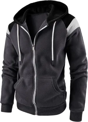 Mens Full Zip Rib Hoodie Zippered Color Block Hooded Drawstring Slim Fit Long Sleeve Lightweight Sweatshirts
