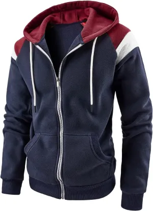 Mens Full Zip Rib Hoodie Zippered Color Block Hooded Drawstring Slim Fit Long Sleeve Lightweight Sweatshirts