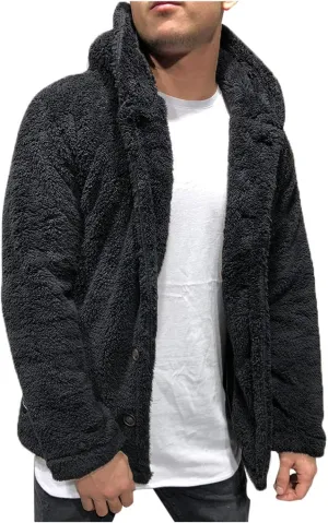 Mens Fuzzy Sherpa Cardigan Warm Thick Jacket with Fleece Hooded Open Front Fluffy Button Down Coat