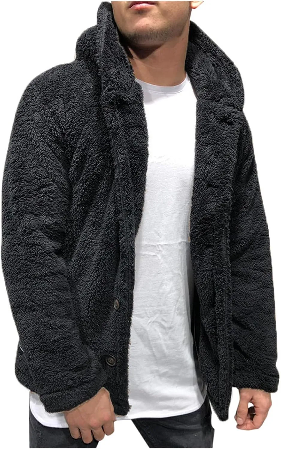 Mens Fuzzy Sherpa Cardigan Warm Thick Jacket with Fleece Hooded Open Front Fluffy Button Down Coat