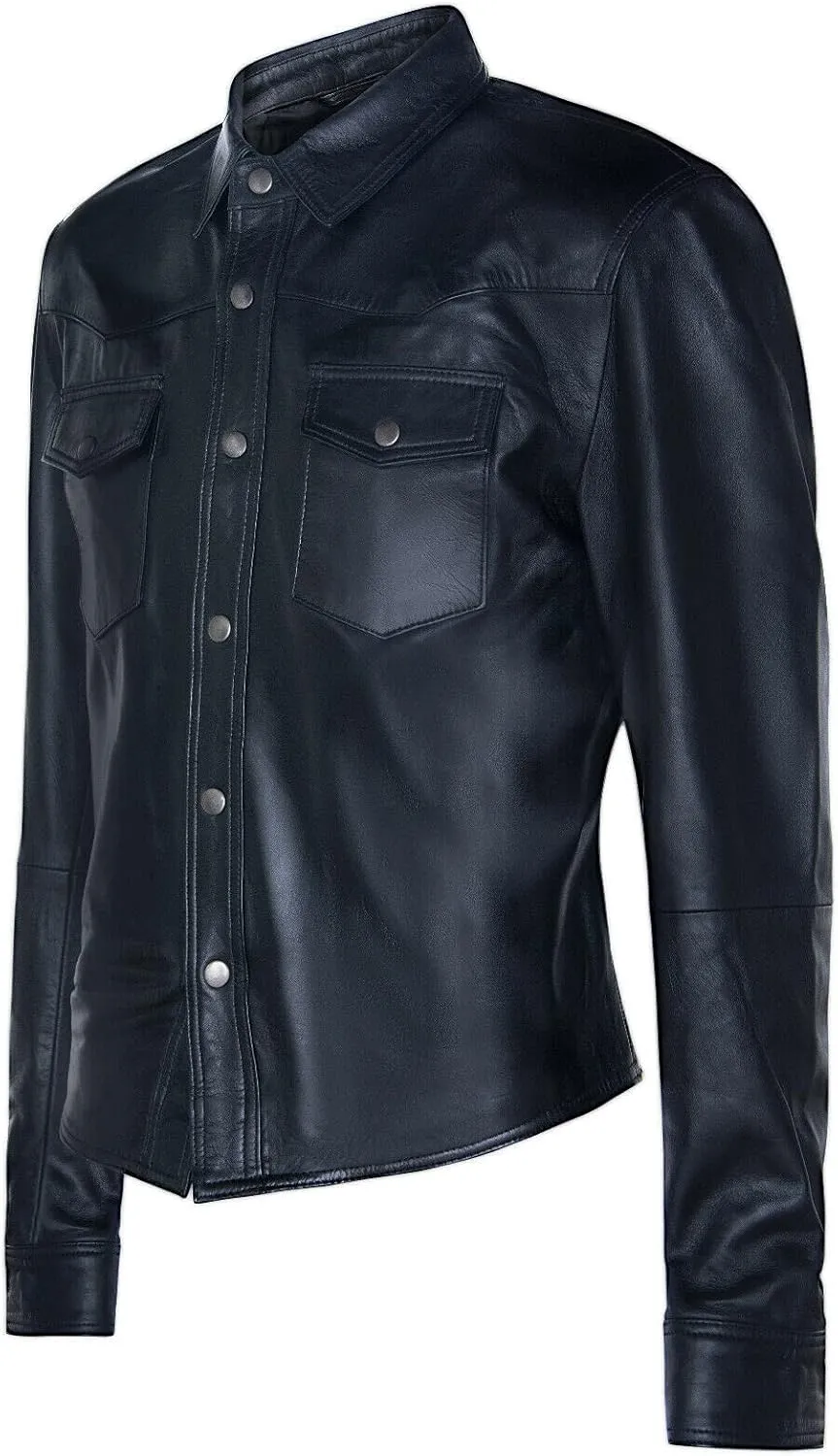 Mens Genuine Leather Shirt Jeans Trucker Slim Fit Jacket