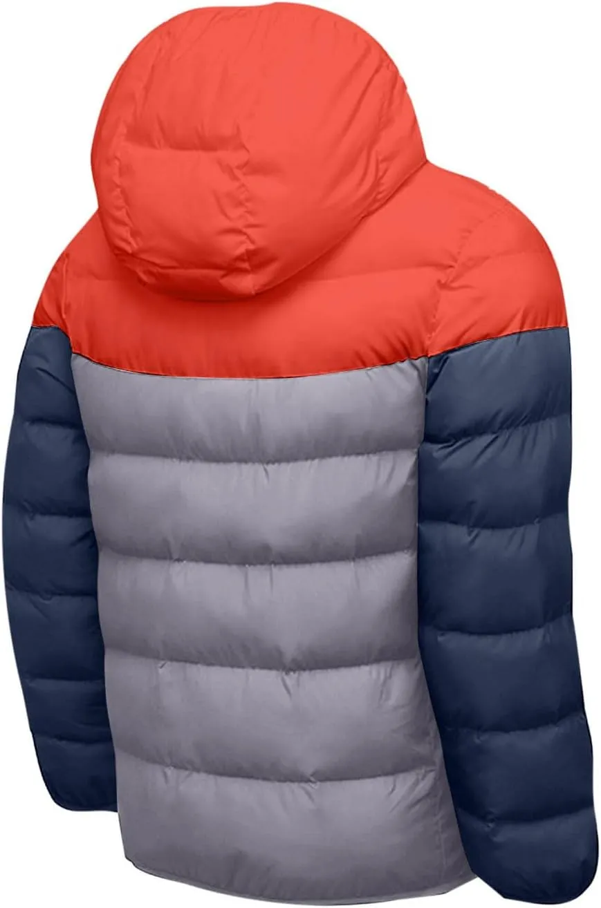 Men's Hooded Puffer Jackets Winter Warm Down Coats Trendy Color Block Outdoor Puffy Jacket Outerwear with Pockets