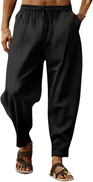 Mens Linen Cotton Yoga Casual Pants for Summer Drawstring Beach Trousers Loose Fit Baggy Lounge Jogger Sweatpants