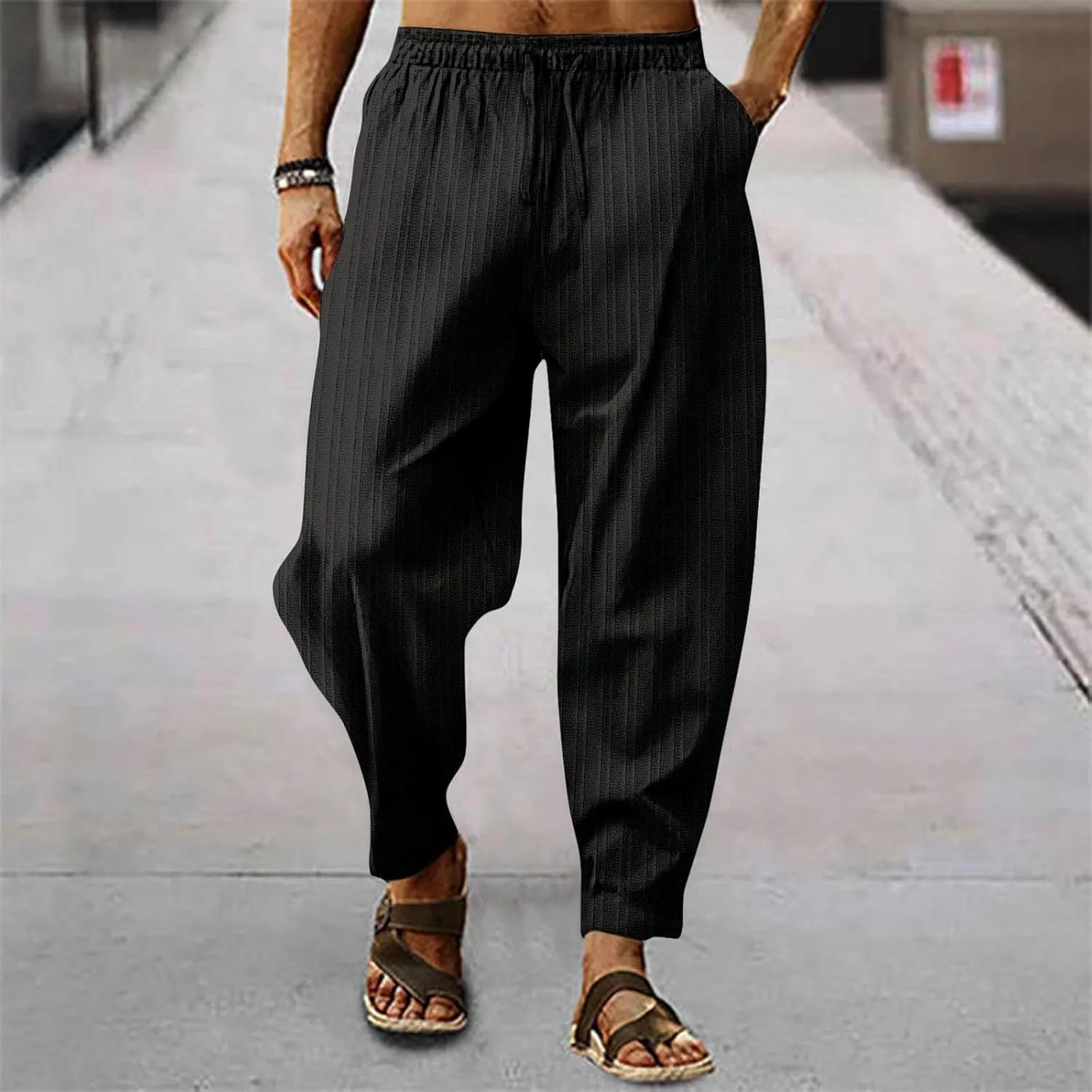 Mens Linen Cotton Yoga Casual Pants for Summer Drawstring Beach Trousers Loose Fit Baggy Lounge Jogger Sweatpants