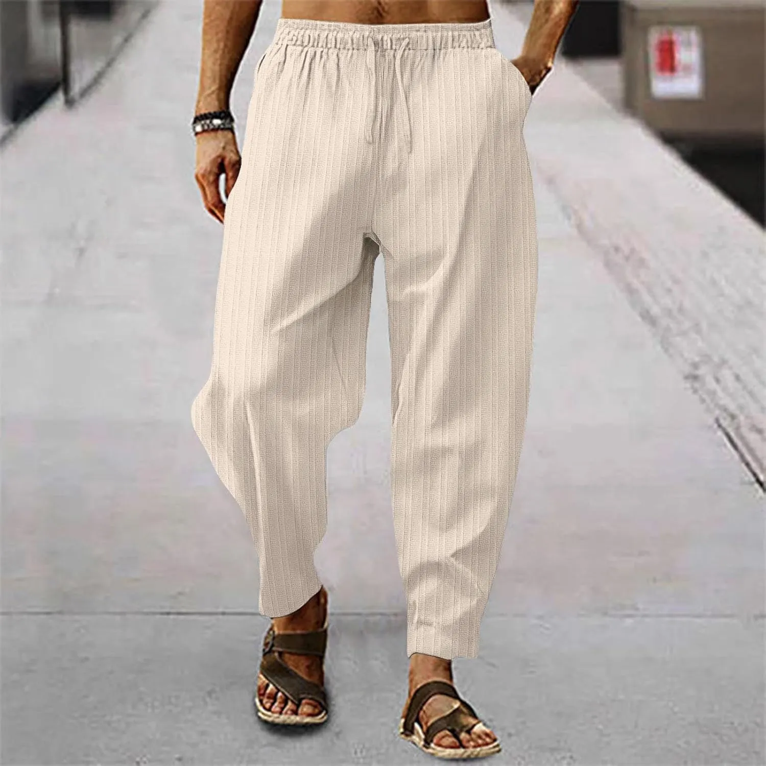 Mens Linen Cotton Yoga Casual Pants Summer Drawstring Elastic Waist Beach Trousers Loose Lounge Jogger Sweatpants