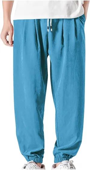 Men's Linen Harem Pants Casual Loose Drawstring Elastic Waist Sweatpant Outdoor Baggy Hiking Jogger Trousers Pockets