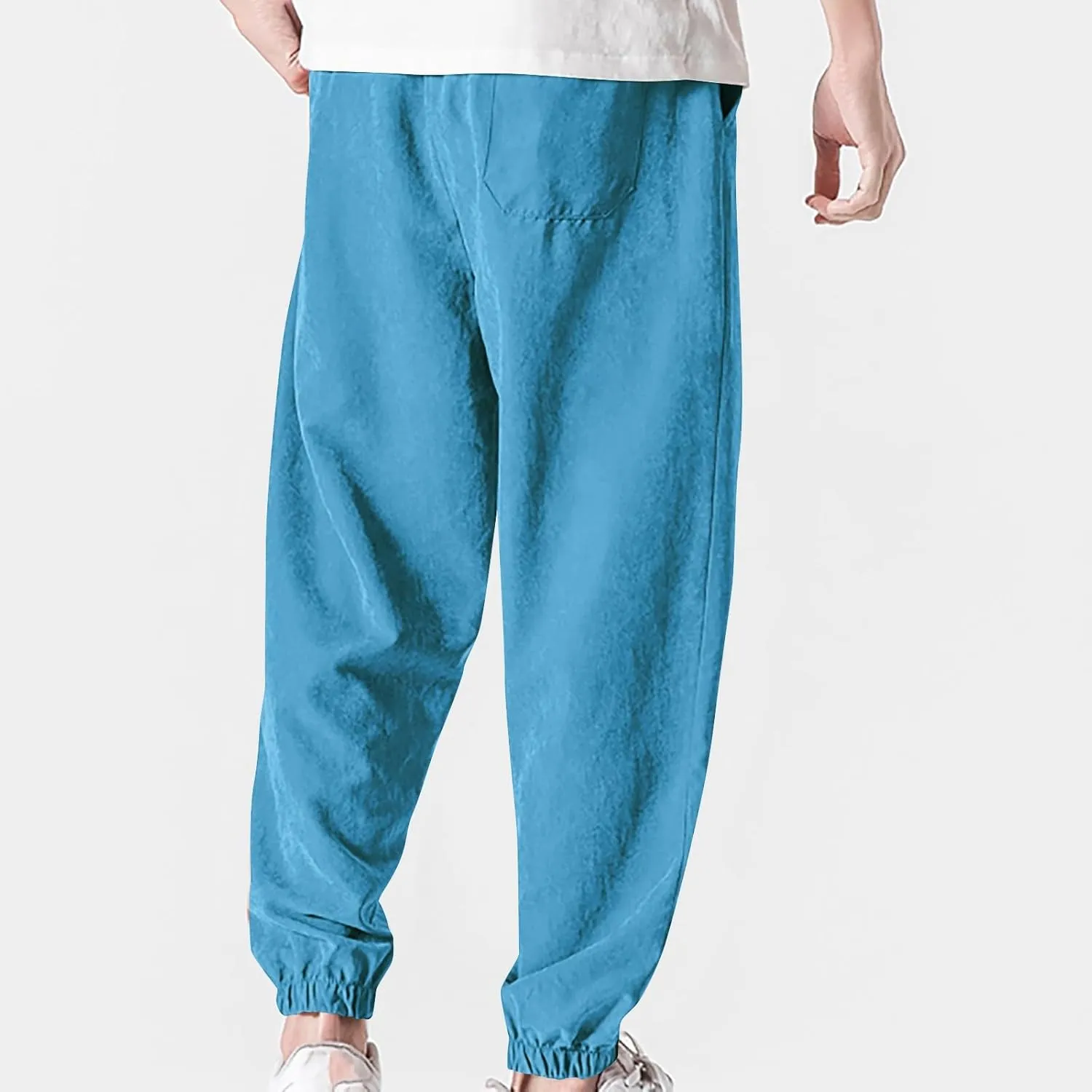 Men's Linen Harem Pants Casual Loose Drawstring Elastic Waist Sweatpant Outdoor Baggy Hiking Jogger Trousers Pockets