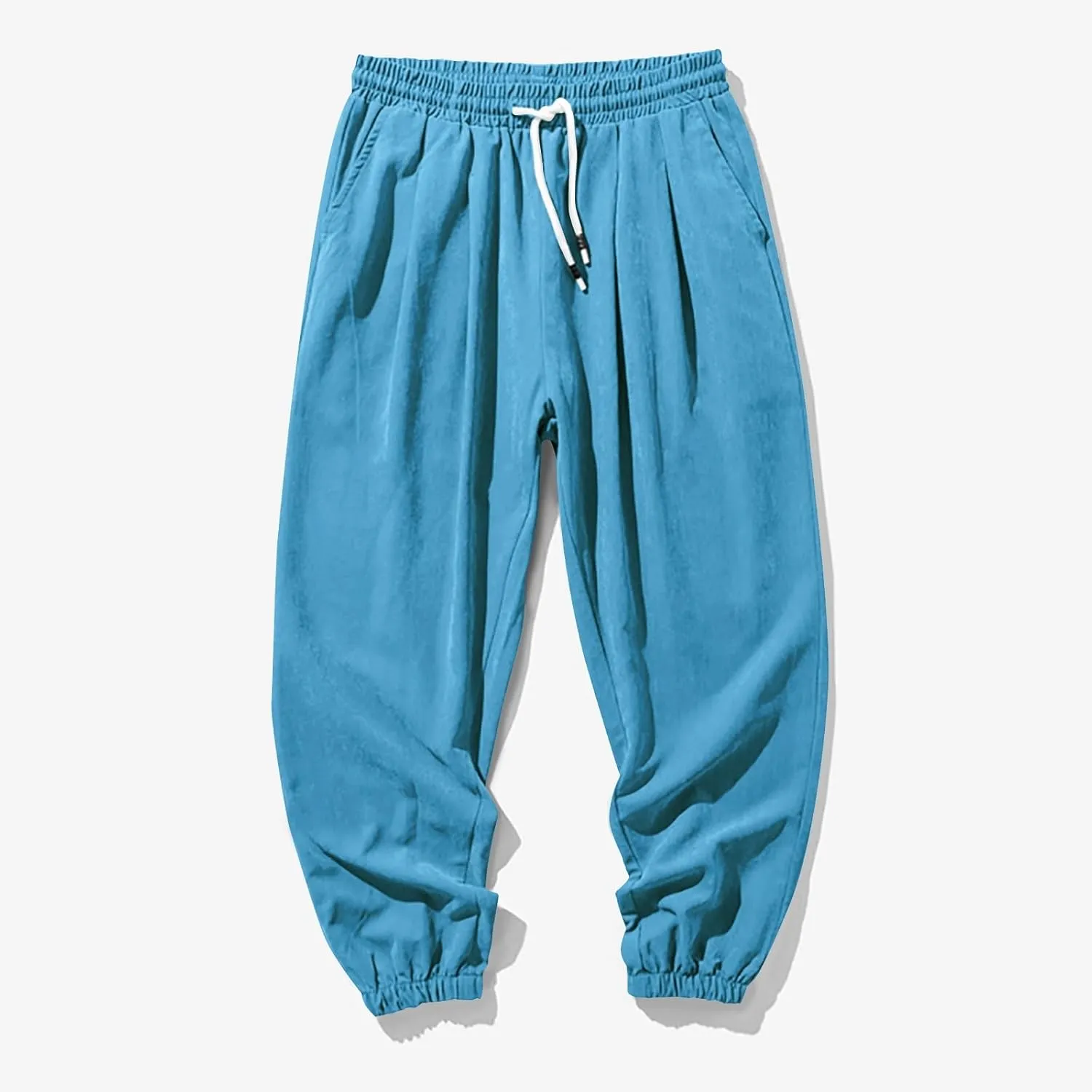 Men's Linen Harem Pants Casual Loose Drawstring Elastic Waist Sweatpant Outdoor Baggy Hiking Jogger Trousers Pockets
