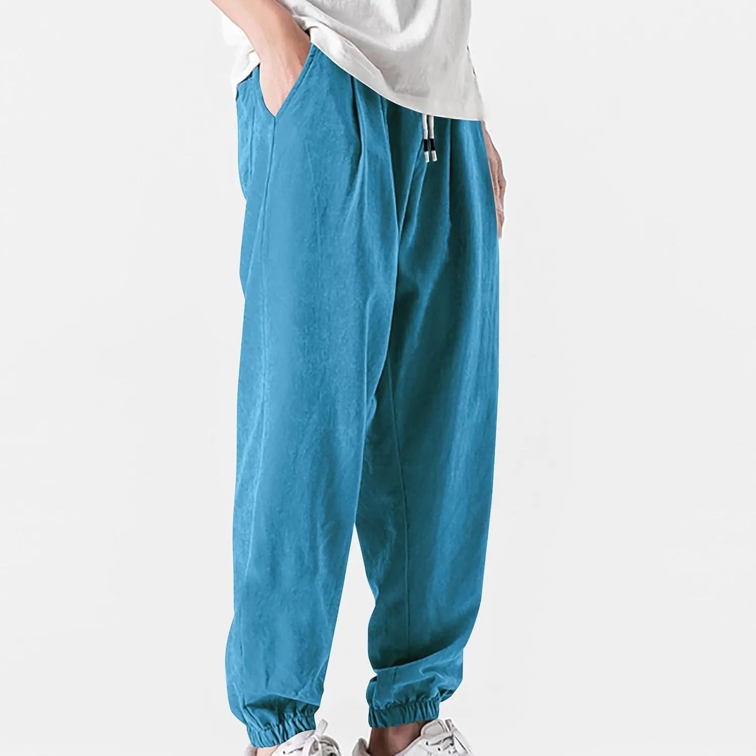 Men's Linen Harem Pants Casual Loose Drawstring Elastic Waist Sweatpant Outdoor Baggy Hiking Jogger Trousers Pockets