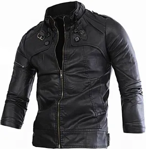 Men's PU Leather Biker Jacket Vintage Stand Collar Motorcycle Jackets Long Sleeve Full Zip Slim Fit Cool Coat Jackets