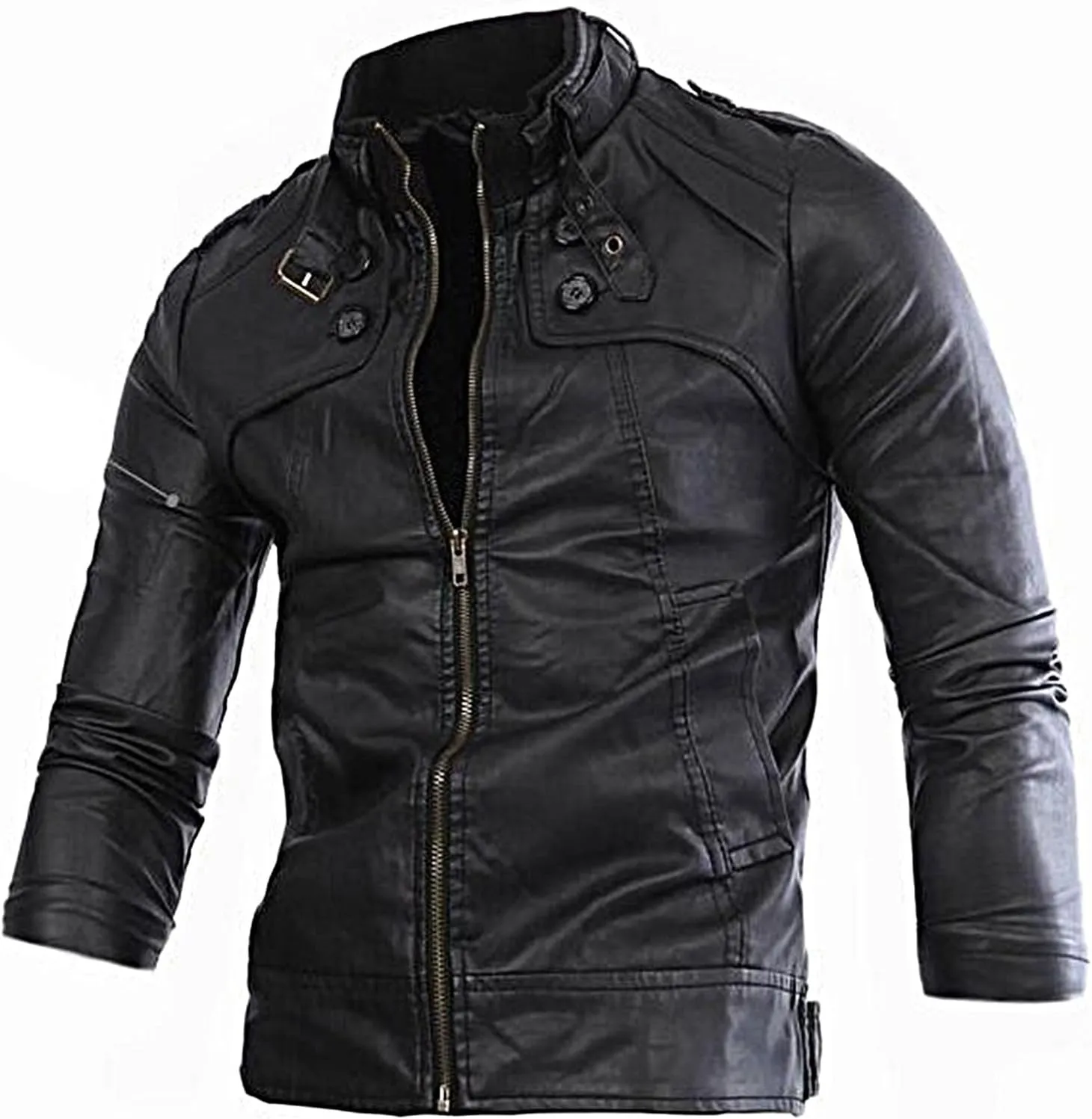 Men's PU Leather Biker Jacket Vintage Stand Collar Motorcycle Jackets Long Sleeve Full Zip Slim Fit Cool Coat Jackets