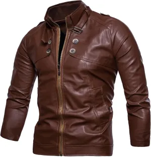 Men's PU Leather Biker Jacket Vintage Stand Collar Motorcycle Jackets Long Sleeve Full Zip Slim Fit Cool Coat Jackets