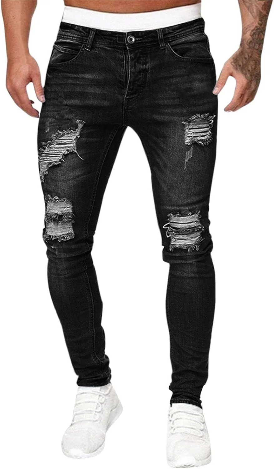 Men's Ripped Jeans Slim Fit Skinny Stretch Jeans Pants Button Zip Off Comfy Denim Pants Slim Fit Tapered Leg Trouser