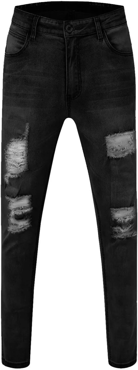 Men's Ripped Jeans Slim Fit Skinny Stretch Jeans Pants Button Zip Off Comfy Denim Pants Slim Fit Tapered Leg Trouser