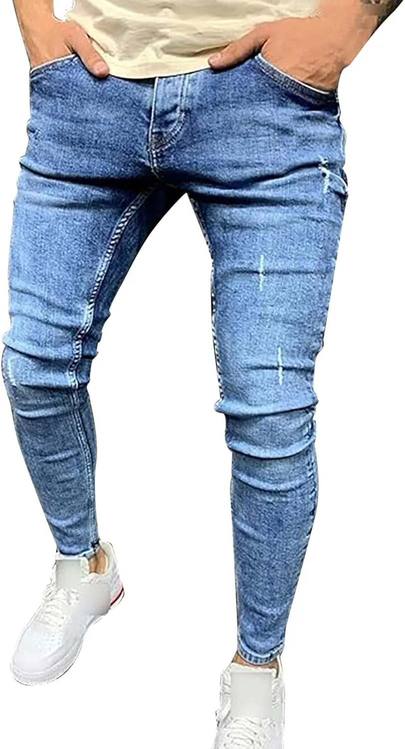 Men's Ripped Jeans Slim Fit Skinny Stretch Jeans Pants Button Zip Off Comfy Denim Pants Slim Fit Tapered Leg Trouser